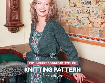 May include: A dark green long-sleeved knitted cardigan with a textured diamond pattern, worn over a floral print dress. The image includes the text: PDF INSTANT DOWNLOAD ENGLISH KNITTING PATTERN Create with joy.