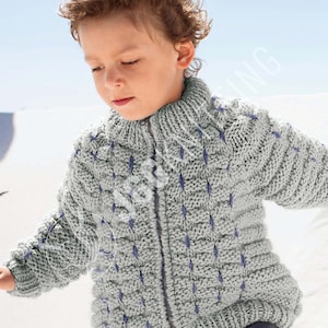 Könnte beinhalten: Ein grauer Strickpullover mit Reißverschluss, strukturiertem Muster und blauen Akzenten. Der Pullover hat einen hohen Kragen und wird von einem kleinen Kind getragen. Der Hintergrund ist eine verschwommene, helle Außenszene.