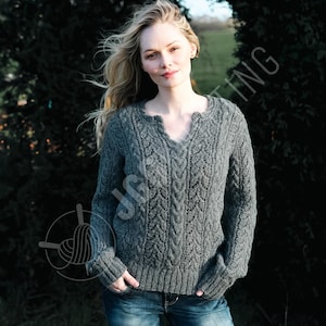 Wzór na drutach w formacie PDF na sweter z koronką i kablami | Sweter Aran Knit dla kobiet | Natychmiastowe pobranie