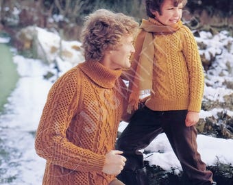 Herren Aran Pullover Strickmuster PDF | Vintage Rollkragenpullover mit Zopfmuster | Sofort Download