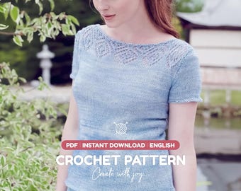 Stickmönster för spetstopp i PDF-format | Stickad sommartopp med spetsok | Stickad kortärmad t-shirt | Nedladdning direkt