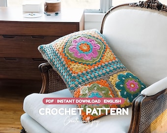 Molde de crochê para capa de almofada em PDF | Almofada quadrada estilo vovó para decoração de casa | Download instantâneo