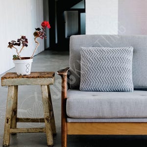Könnte beinhalten: Ein graues, gemustertes Kissen liegt auf einem grauen Sofa mit Holzarmlehnen. Ein kleiner Holzschemel trägt eine Topfpflanze mit roten Blüten und einen weißen Topf mit einer schwarzen Grafik. Die Szene spielt in einem hellen Raum.
