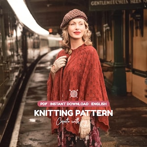 May include: A rust-colored knitted cape featuring an intricate lace pattern, secured at the neck with a round gold-toned clasp. The image includes text stating PDF INSTANT DOWNLOAD ENGLISH KNITTING PATTERN Create with joy.
