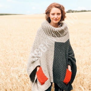 Two-Color Poncho Knitting Pattern PDF | Chunky Winter Sweater | Easy Knit for Beginners | Instant Download