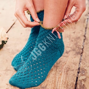 Socks Knitting Pattern PDF I Lace Ankle Design With Crochet Edge I Floral Spring Knit Project For Women I Instant Download