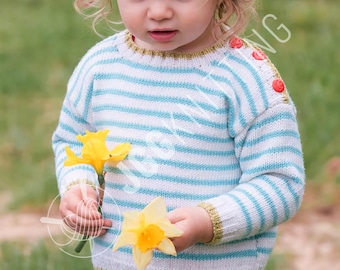 Patrón de punto para suéter a rayas para niños pequeños en PDF | Jersey de punto con botones en los hombros | Descarga instantánea