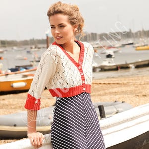 Lace Cardigan Knitting Pattern PDF | Cropped V Neck Knit Top with Short Sleeves for Summer | Instant Download