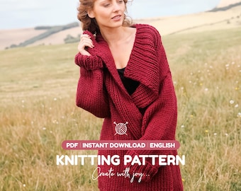 Strickmuster für eine grob gestrickte Strickjacke (PDF) | Oversize-Jacke | Einfacher, voluminöser Strickmantel | Sofort-Download