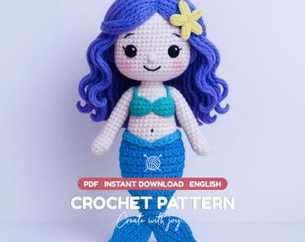 Può includere: Una bambola sirena all'uncinetto con capelli viola ondulati, un accessorio a fiore giallo, un top bikini turchese e una coda di pesce blu. L'immagine include il testo: PDF INSTANT DOWNLOAD ENGLISH CROCHET PATTERN Create with joy.