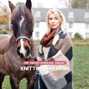 May include: A digital PDF knitting pattern featuring a color-blocked blanket with squares in shades of gray, beige, and brown. The text on the image reads: PDF INSTANT DOWNLOAD ENGLISH KNITTING PATTERN Create with joy.