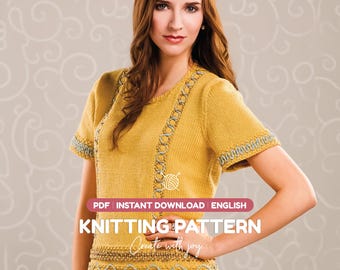 Patron PDF de tricot pour blouse d'été | T-shirt à manches courtes avec bordure décorative au crochet | Téléchargement instantané