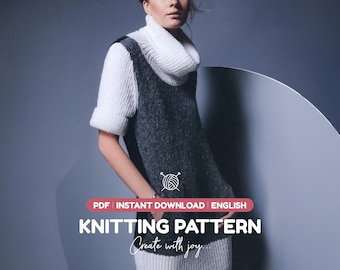 May include: A digital knitting pattern for a sleeveless tunic dress featuring a dark grey textured body with a white ribbed turtleneck collar and a matching white ribbed hem. The text reads: PDF INSTANT DOWNLOAD ENGLISH KNITTING PATTERN Create with joy.