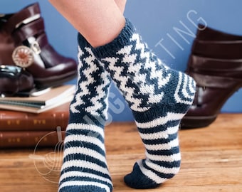 Padrão de tricô para meias coloridas em PDF | Design divertido em zigue-zague com salto fácil | Download instantâneo