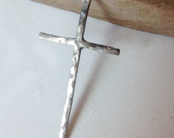 handcrafted vintage sterling hand hammered cross thin and long-ish