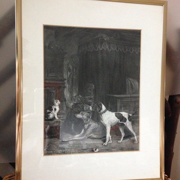 Jack, Sam, Shot and Puss 1800's framed gravure original