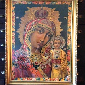 antique 36" framed lithograph print Russian Madonna and child framed - local pick up NYC