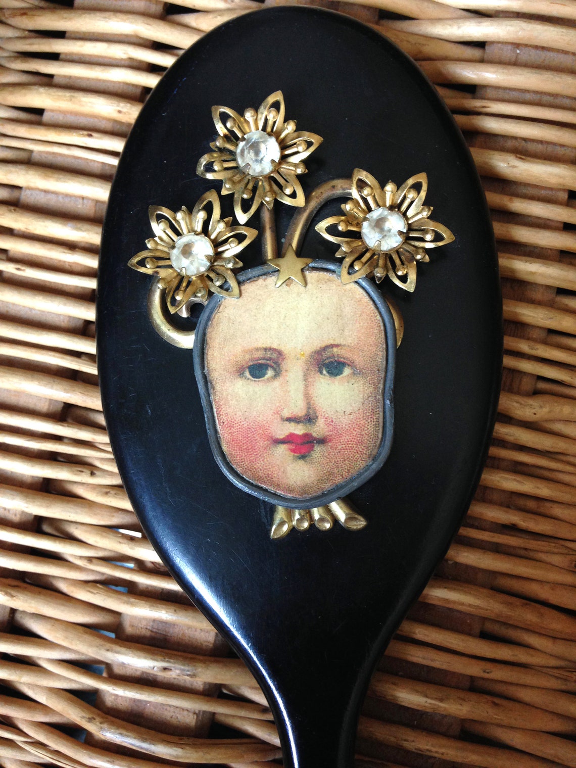 Assemblage Vintage Hand Mirror Wooden With Beveled Glass Etsy