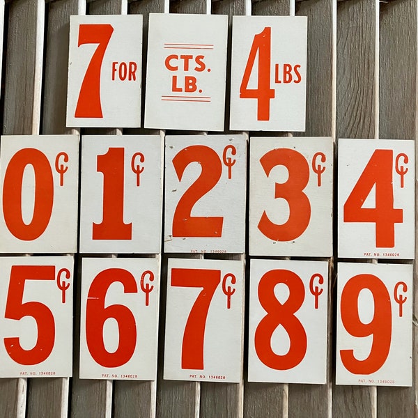 13 vintage cardboard price tags red type / numbers