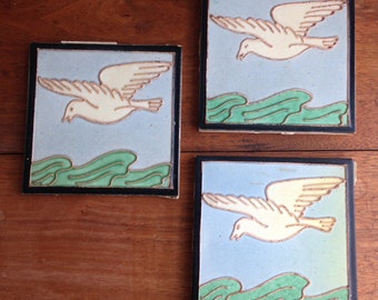 set of 3 arts and craft tiles seagulls stamped Wheeling Tile Co raised edges