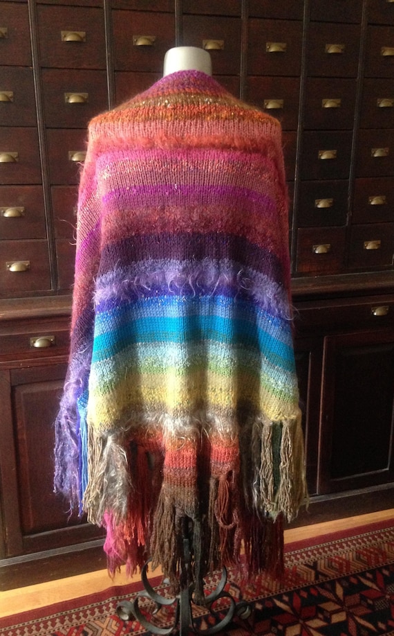 multi color multi texture hand knit wool shawl wi… - image 1