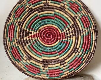 vintage 14 1/2" patinated flat woven colorful basket