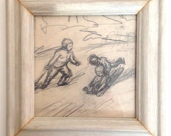 framed original sketch attributed to Harry Wickey circa 1920 snow sledding