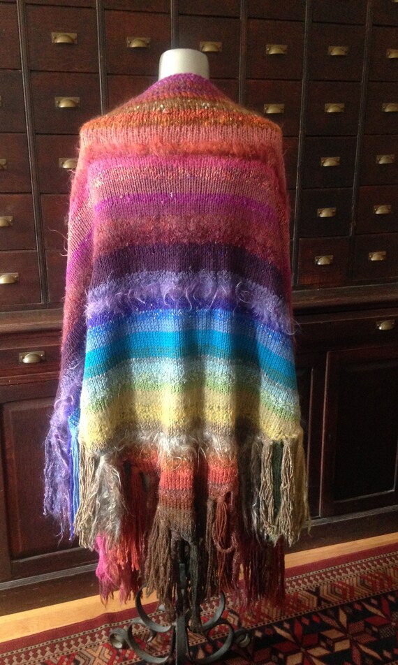 multi color multi texture hand knit wool shawl wi… - image 4