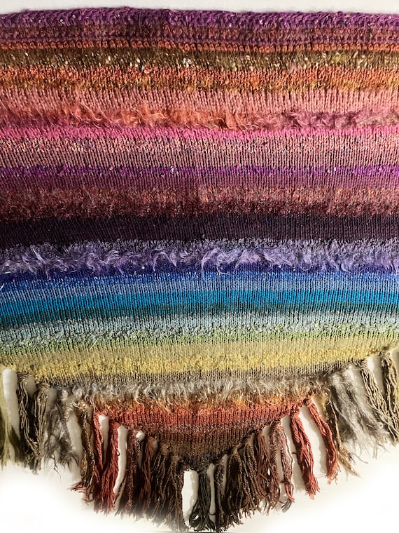 multi color multi texture hand knit wool shawl wi… - image 6