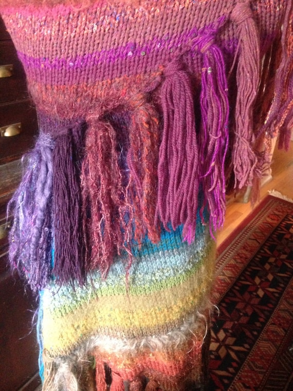 multi color multi texture hand knit wool shawl wi… - image 9