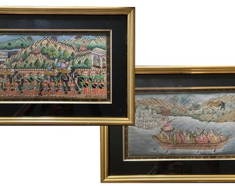 vintage pair 12" x 9" framed Indian prints on textured paper in gold frames - hunting scene and wedding scene