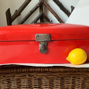 antique red enamel bread box bread bin with handle