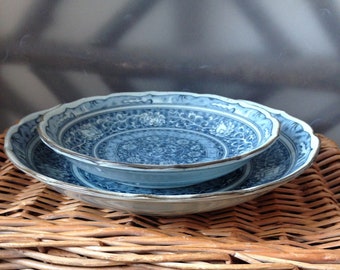 Japanese 10" chrysanthemum blue and white shallow bowls / platter