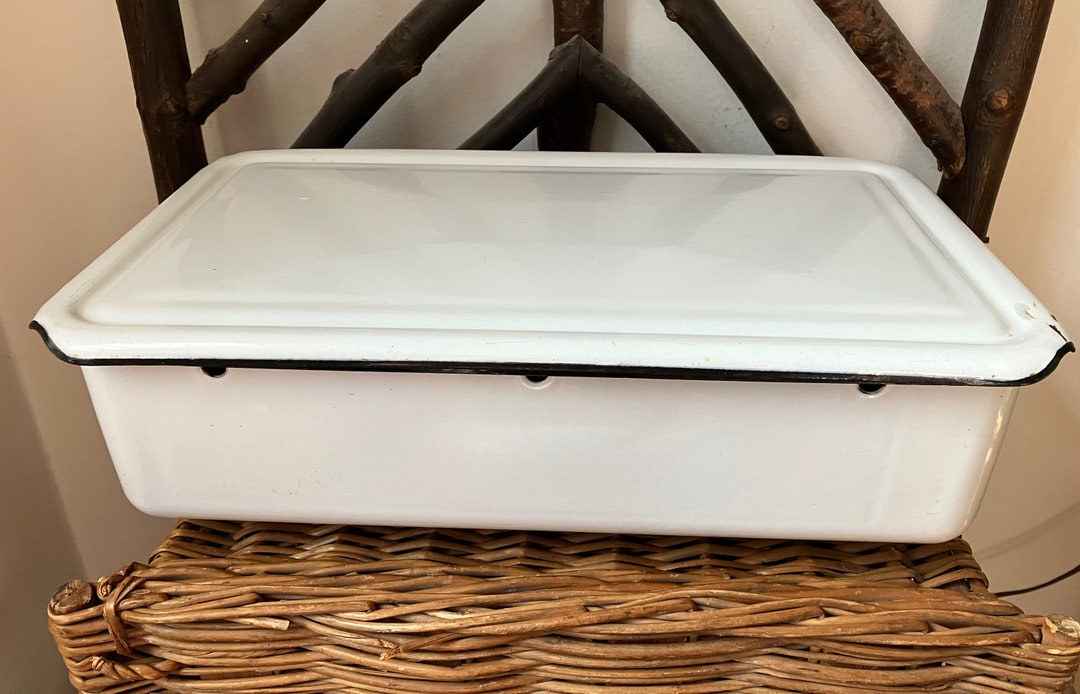 Vintage Enamelware Refrigerator Box With Lid White With Black Trim - Etsy