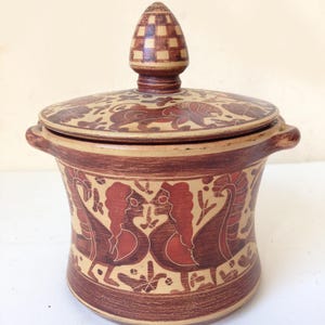 vintage artisan handmade Greek lidded pottery jar sphinx