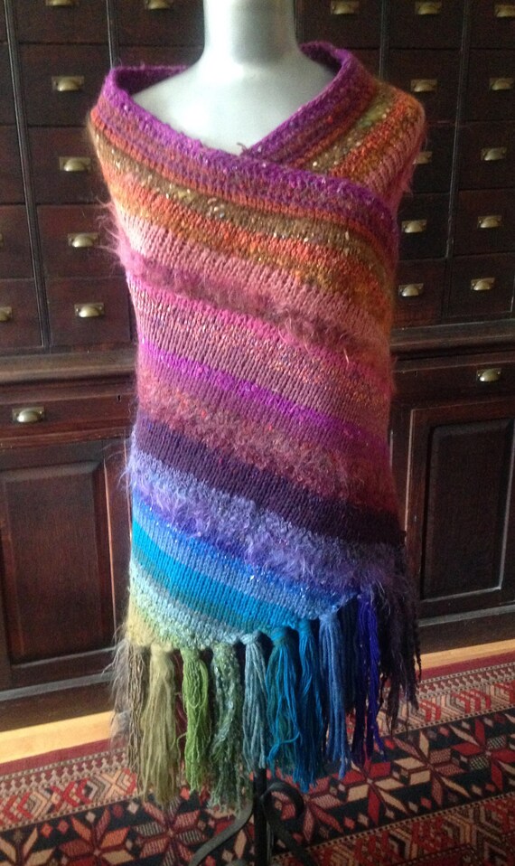 multi color multi texture hand knit wool shawl wi… - image 2