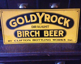 antique original advertising sign embossed Goldyrock birch beer bright yellow