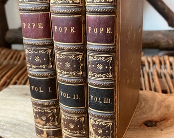 1827 antique leather bound  gilt 4 1/2" 3 volume set - The Poetical works of Alexander Pope - Paris Publisher
