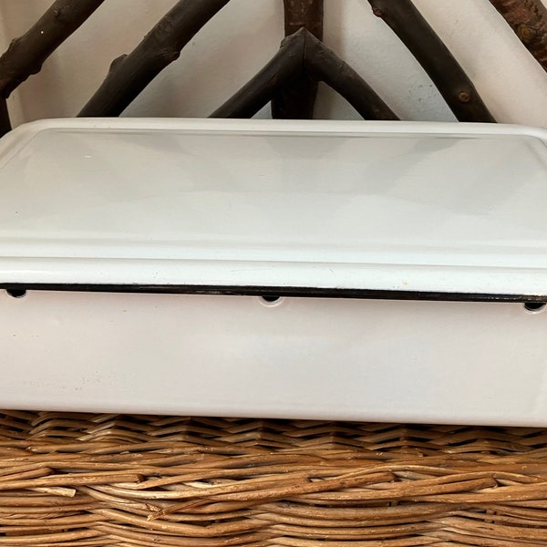 vintage enamelware refrigerator box with lid white with black trim