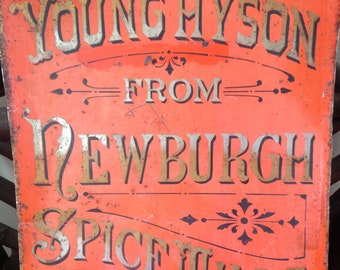 antique hand painted tin TEA advertising sign Young Hyson Newburgh Spice Mills