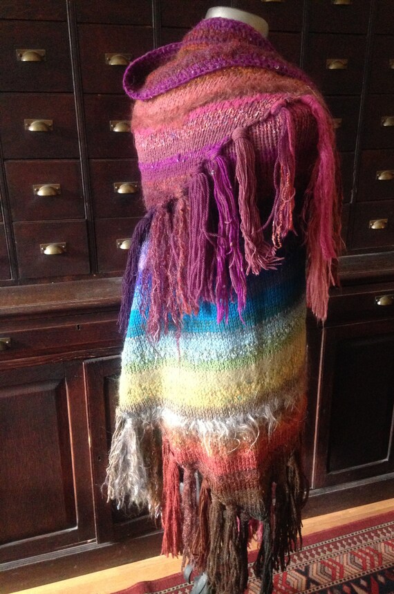 multi color multi texture hand knit wool shawl wi… - image 3