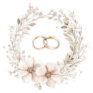 16 PNG, Marco Floral para Anillos de Boda - Coronas de Acuarela con Anillos Entrelazados, Flores Pastel, PNG para Invitaciones y Proyectos de Bricolaje