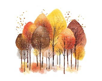 May include: Watercolor illustration of a cluster of trees in autumn colors. The trees feature shades of yellow, orange, and brown, with delicate branches and a sprinkling of gold glitter. The artwork is set against a white background.