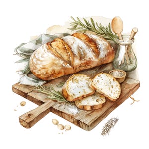 16 PNG, Imágenes prediseñadas de cocina acogedora: pan casero de acuarela, elementos de repostería rústica, imágenes prediseñadas de estilo rústico para manualidades y álbumes de recortes