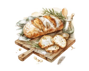 Watercolor Bread Clipart, Rustic Kitchen PNG (Digital Download)