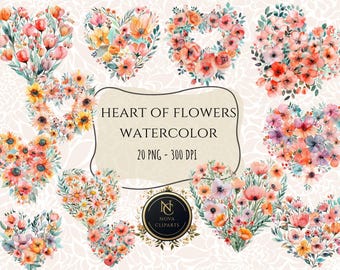 Floral Heart Clipart,Watercolor Flower Heart PNG,Romantic Clip Art,Transparent Background, Mothersday,Commercial Use,Instant Download