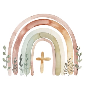 Peut inclure: Illustration à l'aquarelle d'un arc-en-ciel avec une croix au centre. L'arc-en-ciel présente des teintes douces de rose, de marron, de vert et de jaune. Des brins de feuilles vertes se trouvent de chaque côté de l'arc-en-ciel.