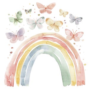 Peut inclure: Illustration à l'aquarelle d'un arc-en-ciel aux couleurs pastel, orné de papillons roses, bleus, jaunes et verts. Les papillons semblent voler au-dessus de l'arc-en-ciel, créant un design fantaisiste et artistique.