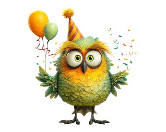 Birthday Owl Clipart Set – Cute Watercolor Party Owls PNG Bundle, Colorful Cartoon Birds with Balloons, Commercial Use Graphics