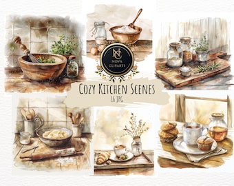 Cozy Kitchen Watercolor Clipart, Rustic Cooking Illustration (JPG Digital Download)